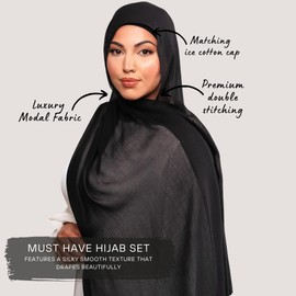 KHELANI Premium Modal HIjab Set – Lightweight & Soft | Luxury Hijab Wrap with Matching Tube Cap | Non-Slip Design Shawl, Hijab Head Scarf for Women with Undercap (170cm x 80cm) (Black)
