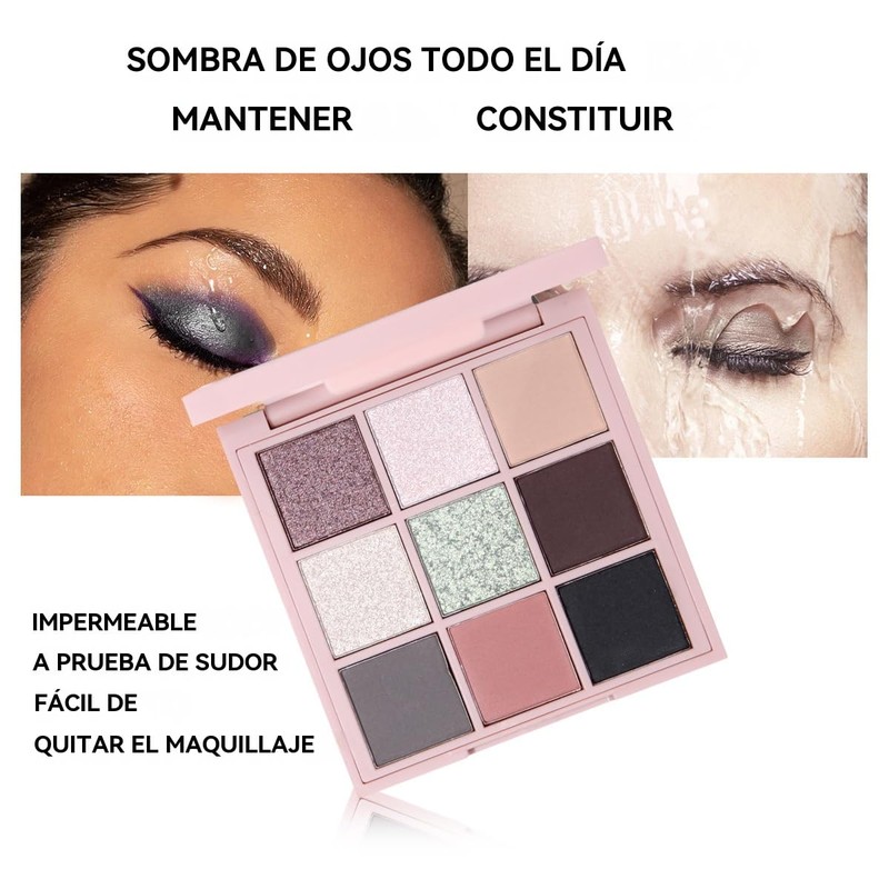 Paleta de Sombras de Ojos 9 Colores, Resistente al Agua