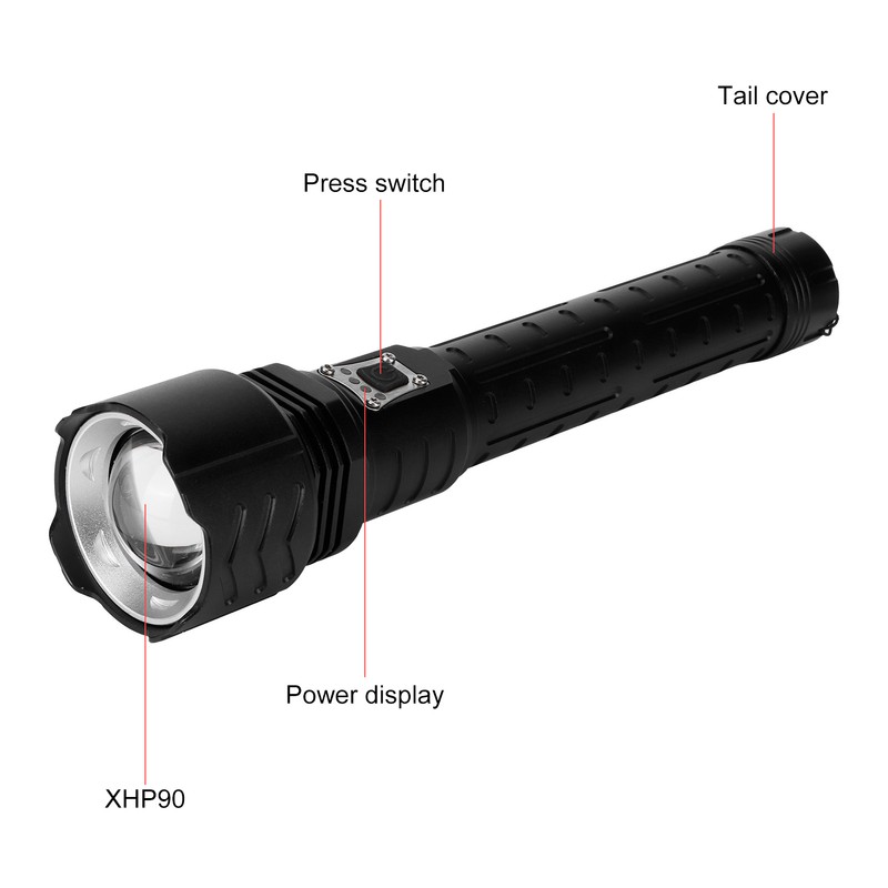 XHP90 Telescopic Zoom Flashlight Waterproof Electric Torch USB Charging for