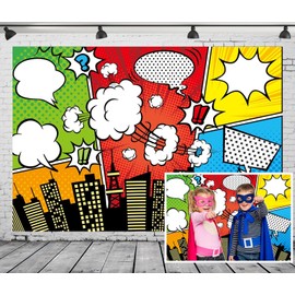 Loccor 7x5ft Fabric Cartoon Super City Backdrop Comic Super Cityscape Urban City Buildings Background for Superhero Themed Birthday Banner Boys Kids Portraits Photo Studio Props