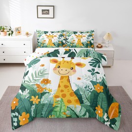 Giraffe Comforter Set Toddler Size Cartoon Jungle Animal Bedding Set Bedroom Decor Tropical Palm Leaves Flower Quilt Set for Kids Boys Girls Cute Giraffe Duvet Insert 2Pcs