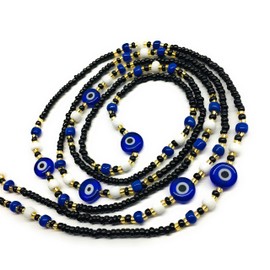 Tie on Waist beads, 43 inches Belly Bead, Evil Eye Belly Chains, Waistbead Choose Color, African Waist Chain, Bellybeads (Black & Royal Blue)
