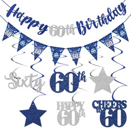 Blue Silver 60th Birthday Decorations for Men Women, Happy 60th Birthday Banner Stars Sixty Hanging Swirls Cheers to 60 Bday Decor Party Supplies Sign