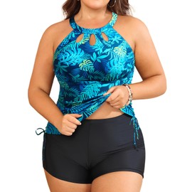 Aqua Eve - Traje de baño de dos piezas para mujer, talla grande, con cuello alto, tankini con control de abdomen y pantalones cortos, Hojas azules y verdes., 20 Plus