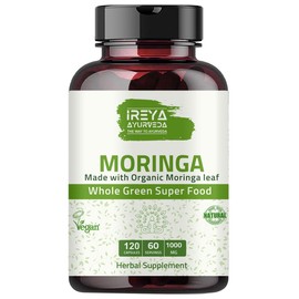 Ireya Ayurveda Moringa Capsule 1000 mg (120 Capsules), Moringa Powder Capsules Made from Organic Moringa Leaf Powder | Non-GMO Whole Green Super Food Nutrition 60 Days Supply