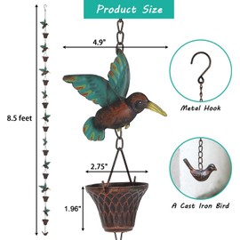 Aifeorzo 8.5FT Rain Chain, Hummingbird and Cup Rain Chains for Gutters and Downspouts