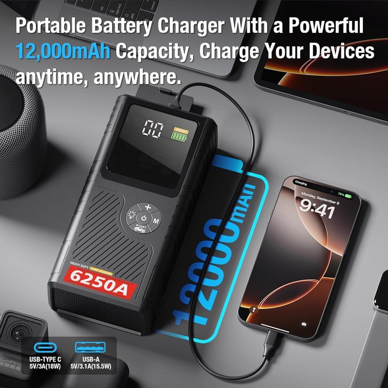 CS02 6250A Peak Jump Starter with Air Compressor, 12000mAh Battery