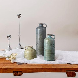 Geniff Ceramic Vase Set of 3 with Handle – Handcrafted Modern Farmhouse Decorative Vase, Neutral Pottery for Pampas Grass, Flowers, Table Centerpieces, Living Room, Mantel & Shelf Decor – Multicolor