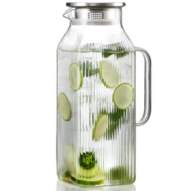 2 Liter/68 oz Square Glass Pitcher with Lid, Classic Stripes Water Pitchers with Handle for Fridge, Large Jug for Iced Tea, Coffee, Borosilicate Glass Carafe for Hot/Cold Brew Drink, Silver