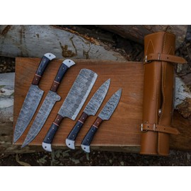 ADAM KNIVES Professional Kitchen Knives, Stainless Steel 5-Piece Utility Chef Knife Set with Cleaver, Leather Roll Kit (Damascus Steel)