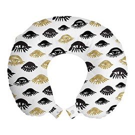Ambesonne Trippy Travel Pillow Neck Rest, Woman Eyes with Eyelash Unusual Style Fashion Modern Design Print Graphic, Memory Foam Traveling Accessory for Airplane and Car, 12", Yellow Black