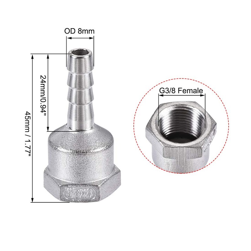 sourcing map 304 Stainless Steel Hose Barb Fitting Coupler, 8mm