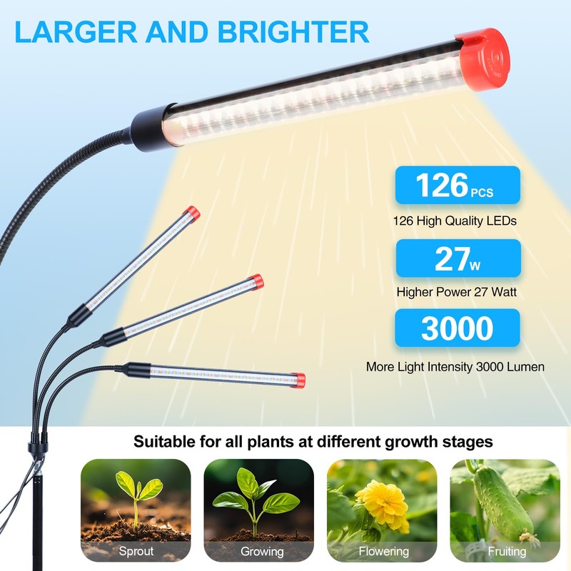 Orchbloom 3-Head Grow Light with Stand and Timer, 27 Watt