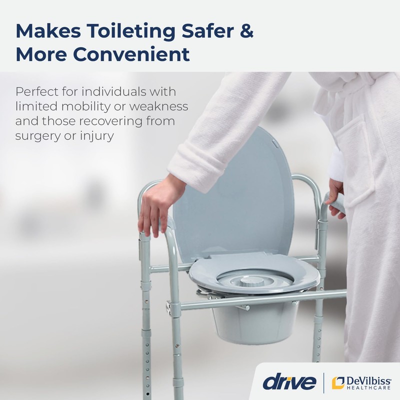 Drive Medical RTL11158KDR Folding Steel Bedside Commode Chair, Portable Toilet,