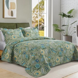 BEDIFANY Farmhouse Queen Quilt Bedding Set - Cotton Lightweight Bedspread with Floral Pattern, 90x98 Inch All Season Coverlet Set, 3 Piece (Quilt + 2 Pillow Shams)