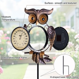 Owl 6.1-inch Solar Outdoor Thermometer Indoor Wall Metal Decorative Lights for Garden,Patio,Lawn,Yard,Garage