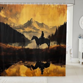 Feelyou Wild West Fabric Shower Curtain Rodeo Cowboy Style for Kids Adult Vintage Retro Bathroom Waterproof Accessories with 12 Hooks Shower Curtain Natural Scenery Curtains,72x72 Inches