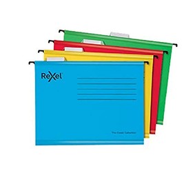 Rexel Classic A4 Reinforced Suspension Files for Filing Cabinets, 15 mm V Base, 100 Percent Recycled Card, Assorted Colours, Pack of 10, 2115585