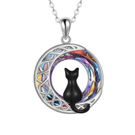 POPLYKE Valentines Day Gifts for Women Cat Necklace Sterling Silver Crystal Celtic Moon Pendant Irish Jewelry（red