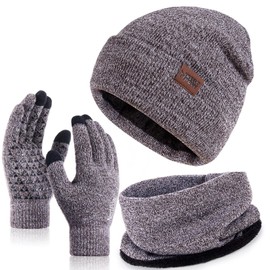 Nertpow Hat, Scarf & Glove Sets for Men and Women, Touchscreen Gloves, Winter Beanie Hat, Knitted with Fleece Lined Scarf, Neck Warmer Gift Set (Gloves, Hat & Scarf, Coffee White), Gloves & Beanie &