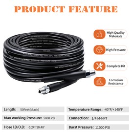 Zgqmcgy 50FT Sewer Jetter Kit for Pressure Washer, 5800PSI Drain Cleaner Hose 1/4 Inch NPT Corner, Rotating and Button Nose Sewer Jetting Nozzles, Waterproof Tape and 2 Spanners (Black)