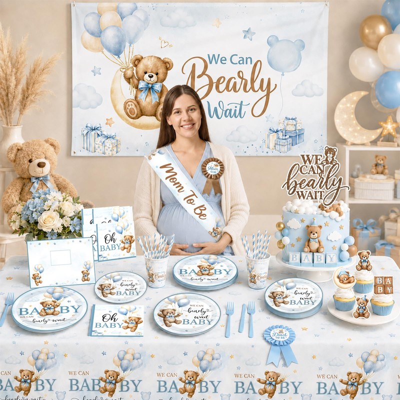 Bear Baby Shower Decorations,260pcs All-in-1 Blue Bear Party Decorations Plates