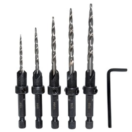 Meichoon Countersink Drill Bit Set 5 Pieces Hex Shank 3 in 1 Wood Pilot Bits Drilling 7/64 9/64 11/64 3/16 7/32 Screw Holes with Adjustable Depth Stop Quick Release 1