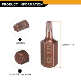 sourcing map T25 Torx Screwdriver Bit 10mm Hex Shank 30mm Length S2 Steel Security Tamper Proof 6 Point Head Hex Screw Driver Bits
