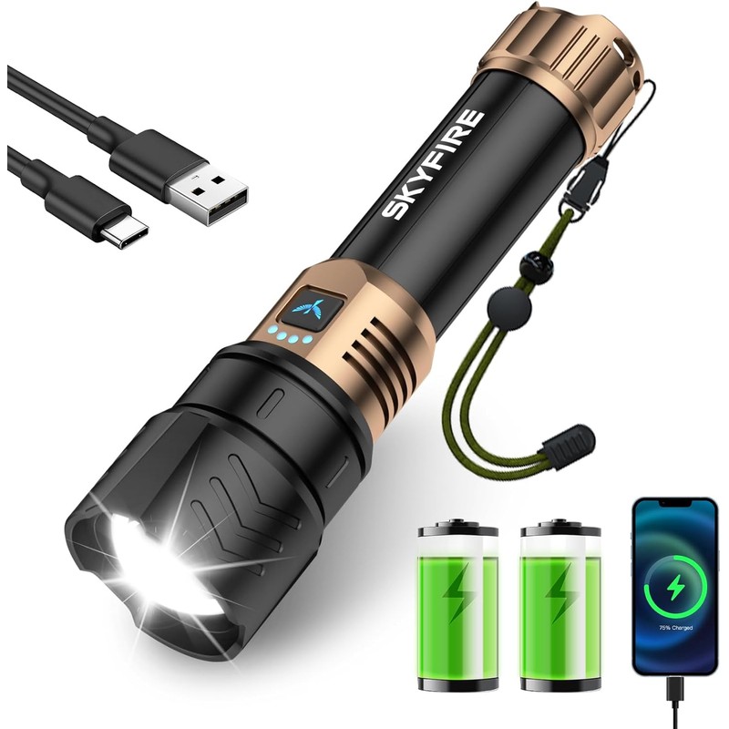 SKYFIRE Rechargeable Flashlight High Lumens,8000mAh Super Bright Flashlight,Zoomable,4 Modes,Waterproof LED