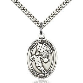 Bonyak Jewelry Saint Medal Collection Sterling Silver St. Sebastian/Basketball Pendant 1 x 3/4 inches with Heavy Curb Chain