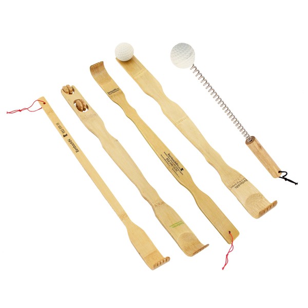 BambooMN 5 Piece Set - 5X Traditional Back Scratcher and Body Relaxation Massager Set for Itching Relief, 100% Natural Bamboo