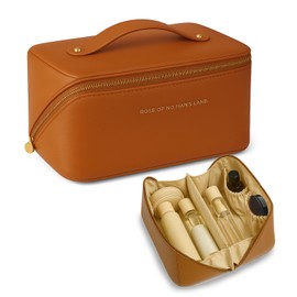 MakMeFre Travel Makeup Bag,Large Capacity Makeup Organizer Bag for Women,Waterproof Portable PU Leather Cosmetic Set Bag Hanging with Divider and Handle,Gifts for Women(Brown)