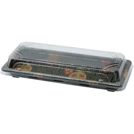 Small Black Sushi Trays with Lids 8.75 x 3.75 Inch - Disposable Sushi Packaging Box, Carry Out Container, Take Out Boxes, Black Plastic To Go Containers, Entrees, Appetizers or Desserts (550)