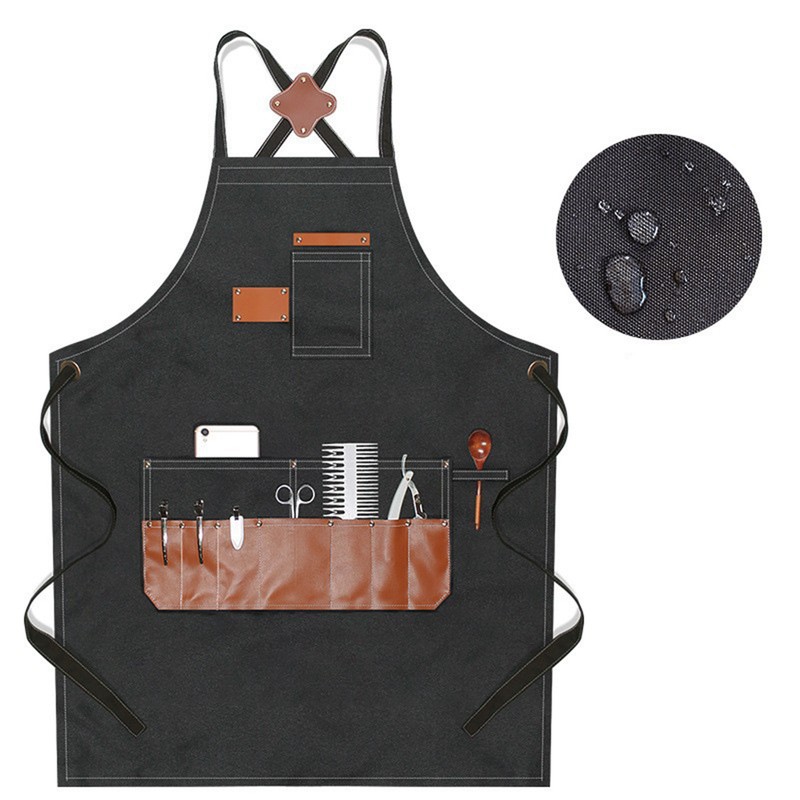 Barber Apron Multi Pocket Waterproof Black Chef Aprons for Art