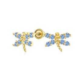 Tiny Cubic Zirconia London Blue Simulated Blue Topaz CZ Dragonfly Firefly Butterfly Stud Earrings Real Yellow Gold Screw back