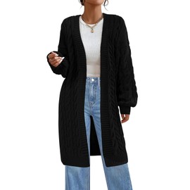 PRETTYGARDEN Long Sleeve Open Front Chunky Cardigan Sweaters for Women Cable Knit Long Cardigans Fall Outfits with Pockets (Black, Large)