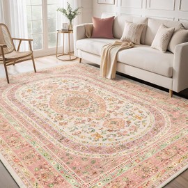 Castage 5x7 Area Rugs Washable,Pink Rug for Living Room Bedroom Kitchen,Large Boho Vintage Bohemian Distressed Farmhouse Carpet Non Slip,Blush Floral