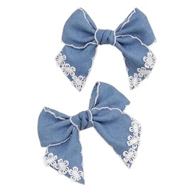 Blue Denim Hair Bow Clips Girls Denim Bowknot Pin Girls Blue Jeans Hair Bow Clips BW27 (Set-F)