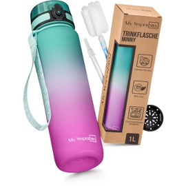 My Vesperbox Minny Children's Leak-Proof Drinking Bottle, 1 Litre, with Straw or Strainer, Lightweight Tritan Water Bottle, BPA-Free, for Nursery, School (Purple/Green 1000 ml)