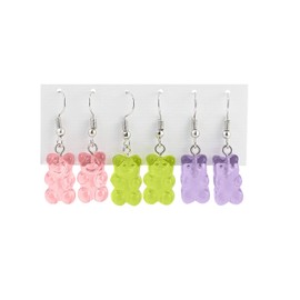 3Pairs Gummy Bear Earrings, Lovely Candy Color Translucent Jelly Bear Dangle Earrings for Women Cute Trendy Jewelry-purple green pink