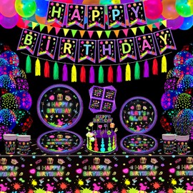 187 Pack Glow Neon Party Supplies Glow in The Dark Party Decorations BlackLight Party Tableware Set - Plates, Black Light Banners, Fluorescent Balloons, Graffiti Tablecloth, Tassels, Napkins Serves 20