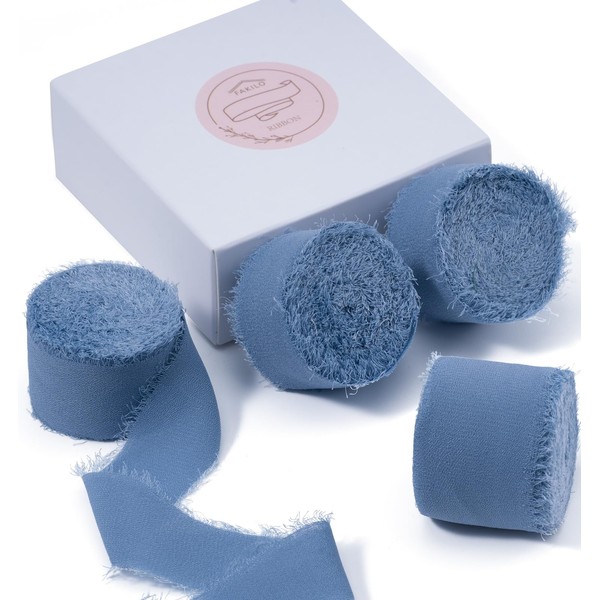 FAKILO Chiffon Ribbon with Handmade Fringe, Dusty Blue Chiffon Ribbon