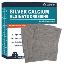 Ceeport Ag Silver Calcium Alginate Wound Dressing Pads, 4''x4'' Patches, 10 Individual Pack, Soft Silver Dressings for Wound Care, Gentle Highly Absorbent Dressing, Non Stick Gauze Pads for Wounds