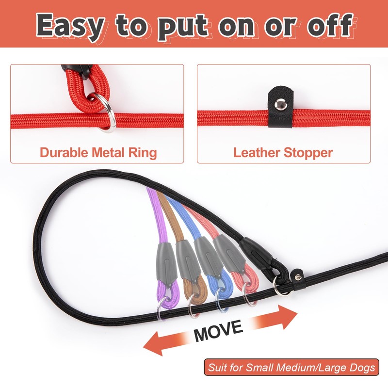 FOVRLZSE 5-Pack No-Pull Dog Slip Leads 5FT Adjustable, Red/Black/Blue/Brown/Purple (for