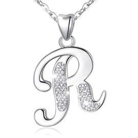 Aeonslove Ladies’ Letter Chain, Silver Necklace, Letter Chain with Letter Pendant, Alphabet Letter, Initial Pendant, Jewellery Gift for Girls, Silver, R