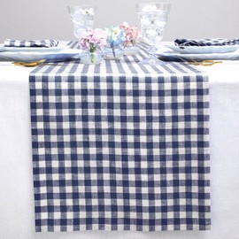Solino Home Check Linen Table Runner 90 Inches Long - 100% Pure Linen Navy Plaid Table Runner 14 x 90 Inch Ideal for Wedding, Spring, Easter - Gingham Check