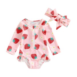 Carolilly Toddler Baby Girl Swimming Costume UV Protection Long-Sleeve Strawberry Print Zipper One Piece Swimwear with Headband (Strawberry A, 2-3 Years)