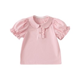 Seuyae Summer Polo Shirt for Baby Girl 18-24 Months Button Blouse Pink Peter Pan Collar