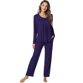 NACHILA Pajamas for Women-Viscose Made from Bamboo,Long Sleeve Pajama Sets Comfy Loungewear Pleated Pjs Dark Purple L