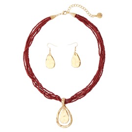 Coiris Seed Beads Statement Strand Necklace Choker with Tear Earring Pendant Chunky Cluster Strand Punk Metal Necklace for Women Jewelry(N0104-Dark Red)